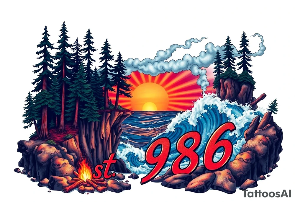 Collage of Redwood forest cliff huge trees campfire smoke and sunset meeting ocean  with huge waves crashing on the rocky shoreline with the words "est.1986" in graffiti like old English custom letters tattoo idea