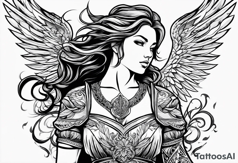 female angel with sword flying in the sky tattoo idea