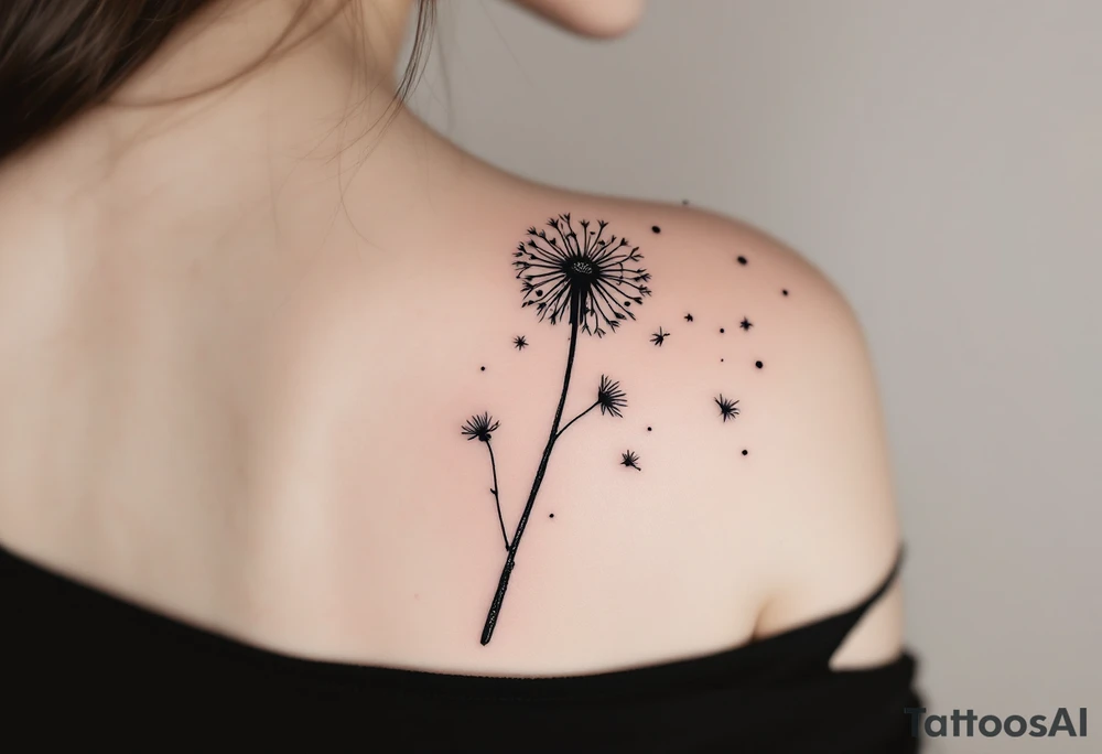 Hand-poked effect dandelion in faded black, looking softly aged, seeds scattered lightly across the shoulder. tattoo idea
