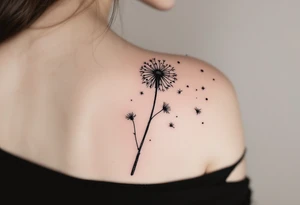 Hand-poked effect dandelion in faded black, looking softly aged, seeds scattered lightly across the shoulder. tattoo idea