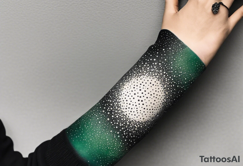 space, abstract, green and black, covered from wrist to forearm, fully covered, no borders, blackwork, no people tattoo idea