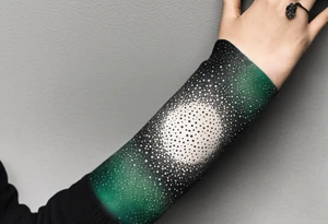 space, abstract, green and black, covered from wrist to forearm, fully covered, no borders, blackwork, no people tattoo idea