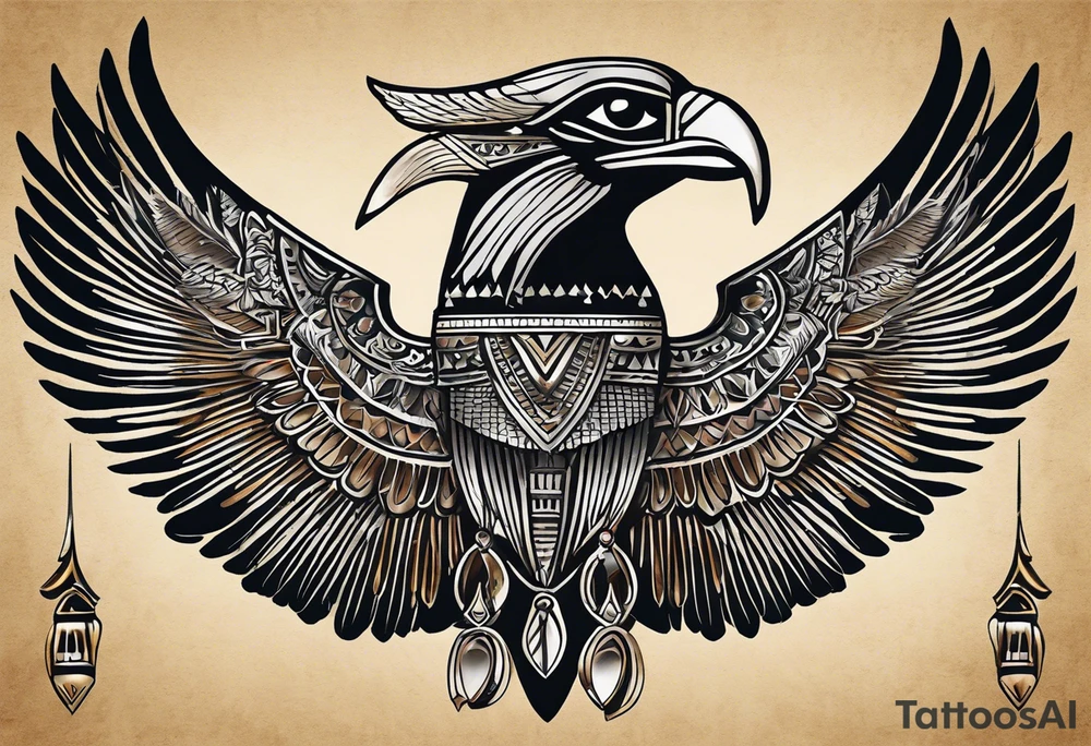 The tattoo depicts Horus, the falcon-headed god of the sky and kingship, in a dynamic and powerful stance. His falcon head is detailed with sharp, lifelike feathers and intense eyes, capturing his vigilant and authoritative nature. His human body is adorned with traditional Egyptian attire, including the crown of Upper and Lower Egypt. Horus is often shown with an outstretched wing or holding a scepter, which is intricately detailed. The realistic shading and attention to anatomical detail emphasize his strength and regal bearing. tattoo idea