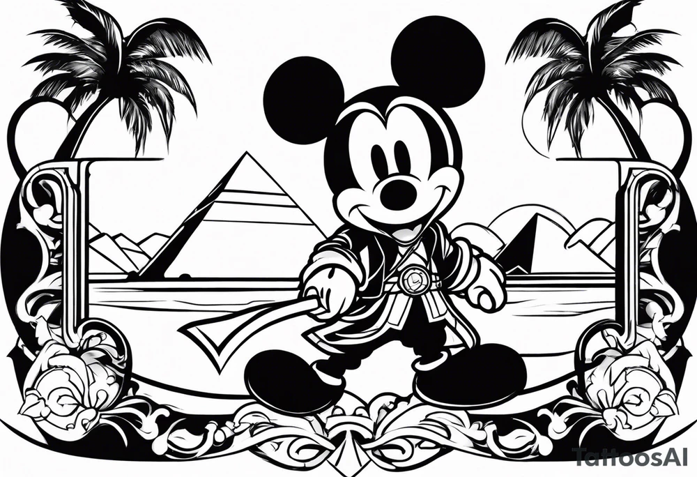 mickey mouse assassins creed character that is in the style of tron with palm trees tattoo idea