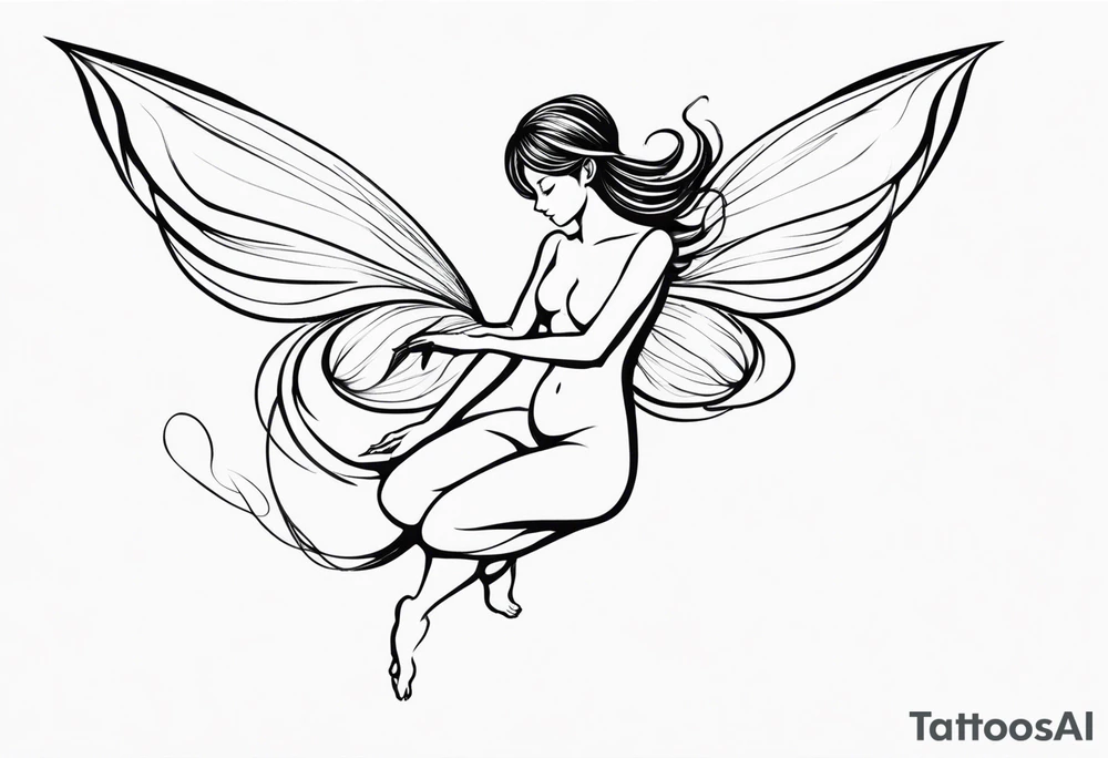Minimalistic, monochromatic fairy with a tail flying to the left in a fetal position, leaning and looking in the same direction, with visible hands, embodying the 'Fairy Tail' logo aesthetic. tattoo idea