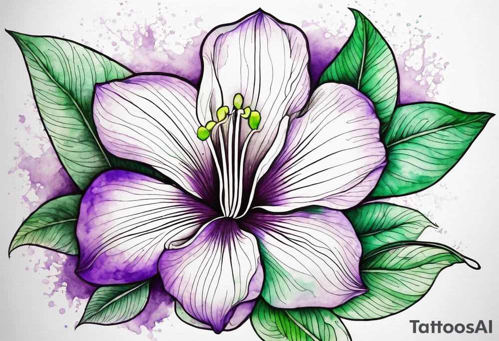 An outline of a rio dipladenia flower with a green and purple watercolor mix in the background tattoo idea