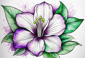 An outline of a rio dipladenia flower with a green and purple watercolor mix in the background tattoo idea
