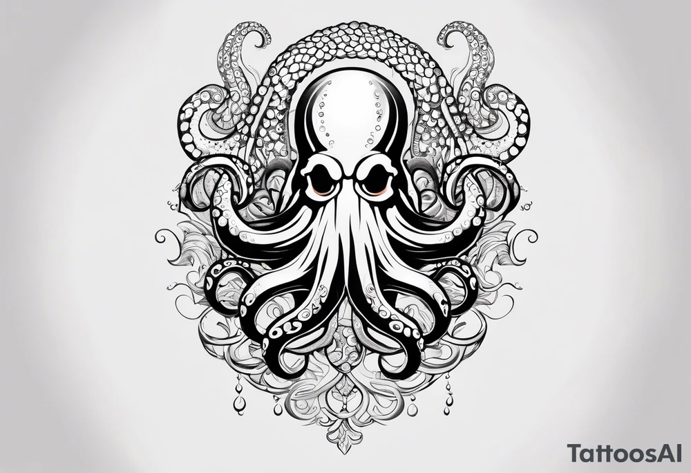 Tribal half sleeve. octopus surrounded by ribbons of water waves filled with fish. the octopus has no eyes. Use thick lines only with less detail. tattoo idea