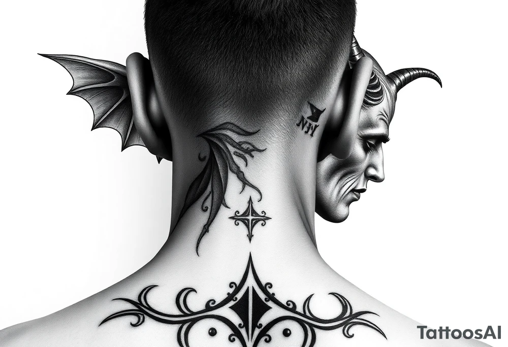 position behind the neck Angel (on the right) whispering in the right ear, demon (on the left) whispering in the left ear. It must be as realistic as possible. tattoo idea