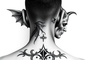 position behind the neck Angel (on the right) whispering in the right ear, demon (on the left) whispering in the left ear. It must be as realistic as possible. tattoo idea