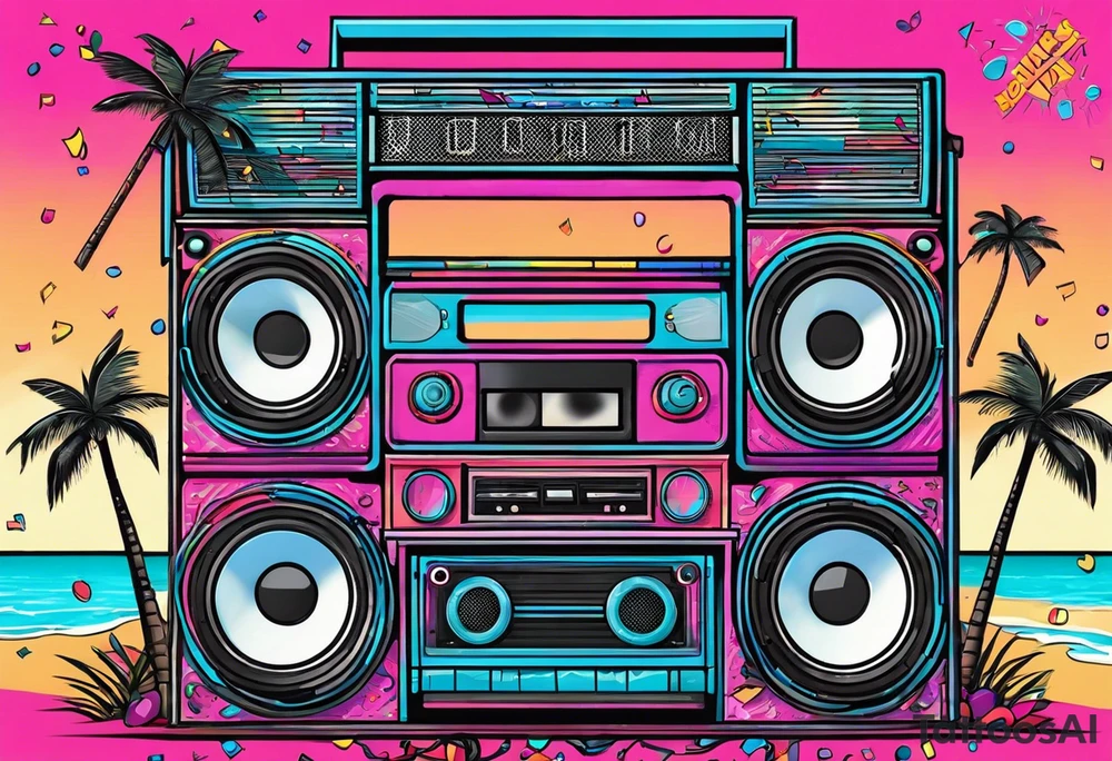 1980's style big boom box mith confetti, and music notes against miami vice style beach background, include sexy party goers tattoo idea