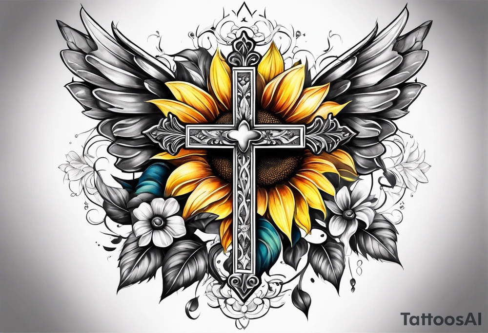 Winged cross with sunflower flowers and butterflies calf sleeve tattoo idea