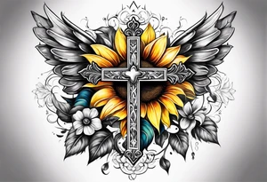 Winged cross with sunflower flowers and butterflies calf sleeve tattoo idea