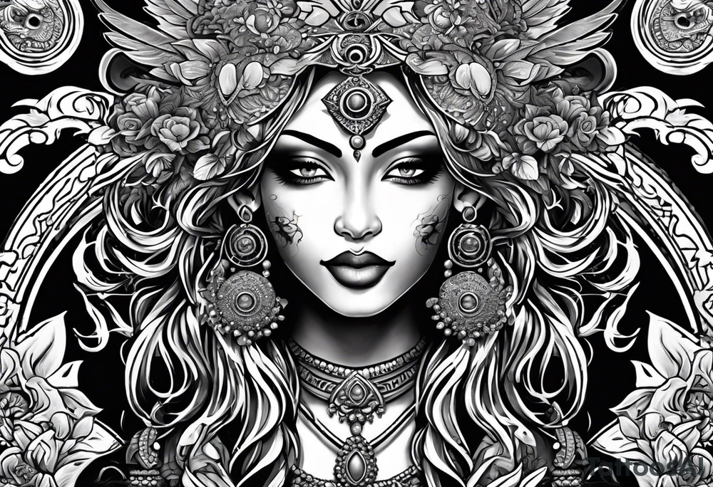 black kali, goddess pirate, alien, angel, pachamama, valkrye, warrior, flying, skull, lotus azul, wing, eagle, zenza resonance, stars, 5D, anahata chakra, death, durga, riding on a tiger, flying lady, kundalini, chest tatoo, rebel tattoo idea