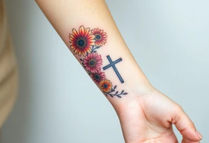 Gerber daisys wrap around wrist to cross on forearm with rich color add cross on forearm tattoo idea