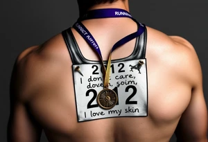 Running bib with 2012 and “I don’t care, I love it” with purple and gold and safety pins going through my skin. Running medal draped in with it tattoo idea