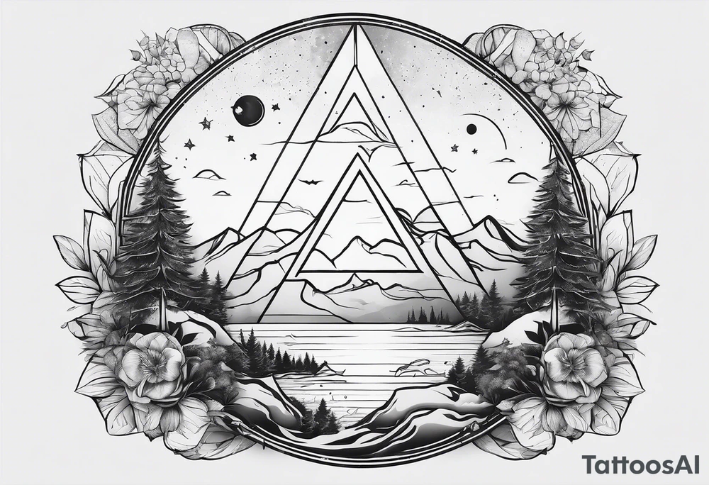 bold line art of space and nature in triangle shape tattoo idea