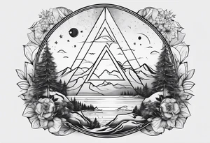bold line art of space and nature in triangle shape tattoo idea