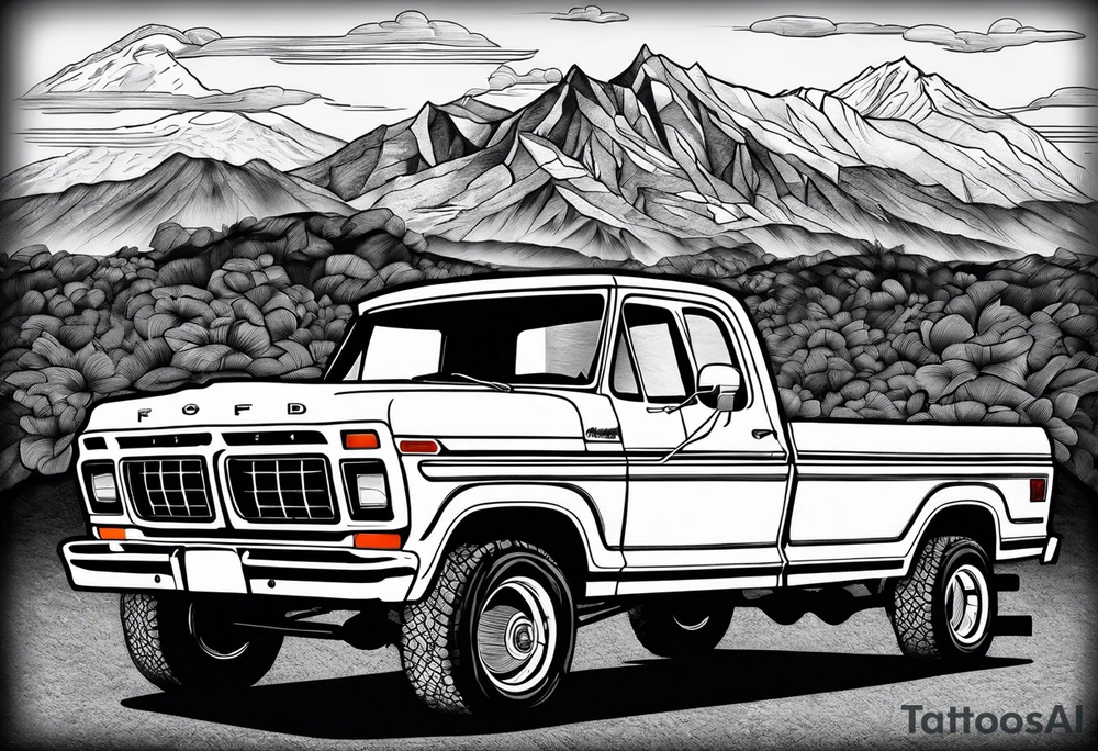 1974 ford f-100 in front of mountains tattoo idea