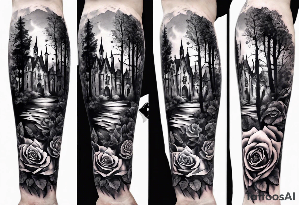 tattoo fool sleeve, old broken gothic castle, broken sword, tree roots break out of the chains, roses tattoo idea
