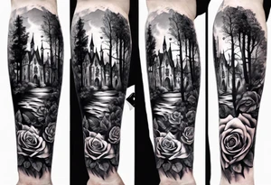 tattoo fool sleeve, old broken gothic castle, broken sword, tree roots break out of the chains, roses tattoo idea