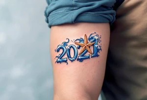Roman's Birthdate (May 8, 2021) – Deep blue ocean waves wrapping around Roman's birthdate, with seafoam white accents and a starfish design near the numbers. tattoo idea