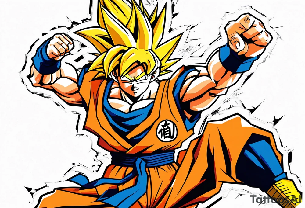 paint son goku as a super saiyajin 2, doing a kamehameha. sourround him by his friends and his family. all of them are displayed as a papercut tattoo idea
