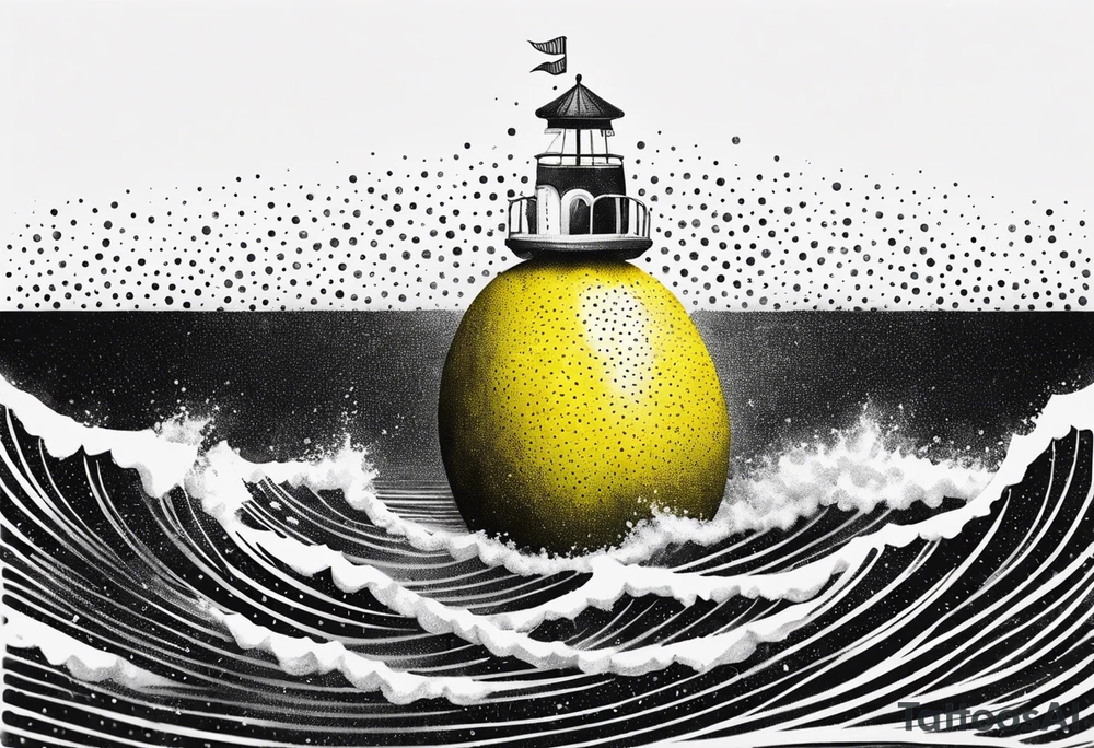 Lemon buoy with a leaf-flag floating on rough waves tattoo idea