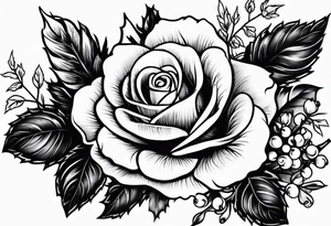 flower with rose bloom and holly berry stalk tattoo idea