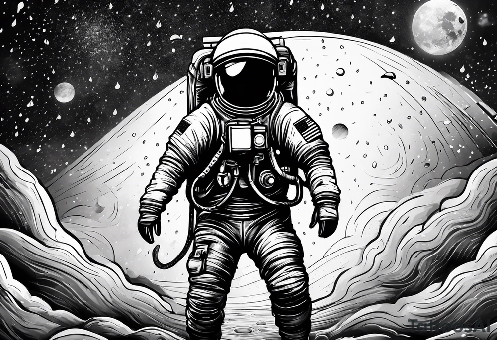 An astronaut holding an umbrella while it's raining showing the full body tattoo idea