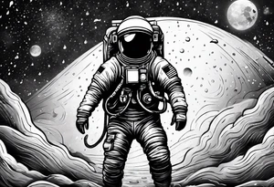 An astronaut holding an umbrella while it's raining showing the full body tattoo idea