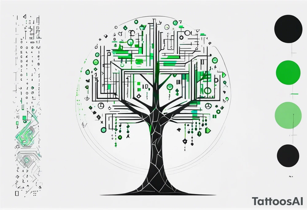 B-tree algorithm with binary code in black, blue and green colors tattoo idea