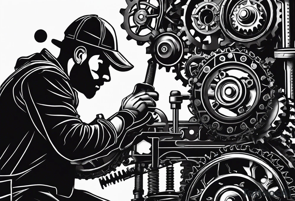 Create a silhouette of a mechanic working on a machine, surrounded by mechanical elements like gears and tools. tattoo idea