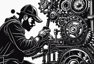 Create a silhouette of a mechanic working on a machine, surrounded by mechanical elements like gears and tools. tattoo idea
