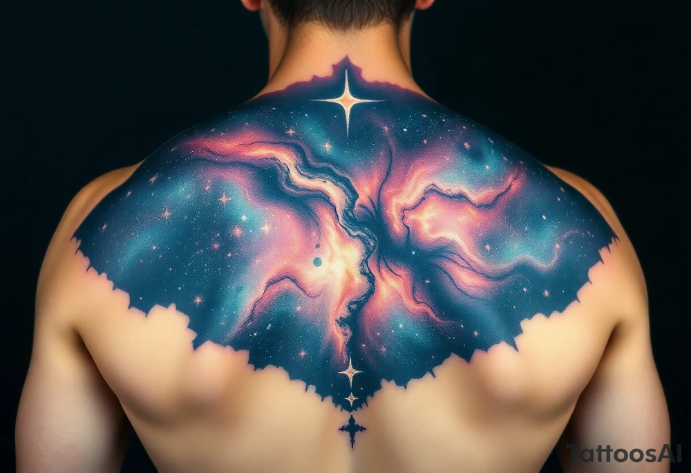 Beautiful and epic 3d milky way that appears to be what is beneath the skin. Make it drape over the shoulder and move to the middle back. use negative spaces to create stars and dust. Incorporate God breathing life into the universe. Keep it symmetrical tattoo idea