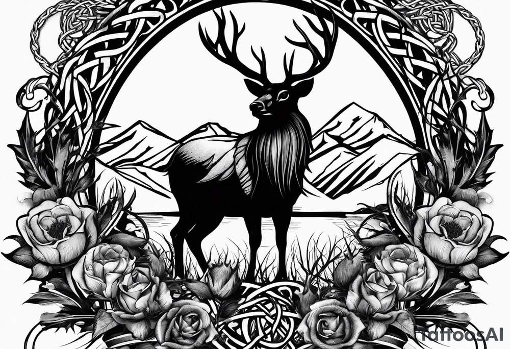 three thistles + Celtic knots + a stag + three ravens + the phrase "always remember there is nothing worth sharing like the love that let us share our names" tattoo idea