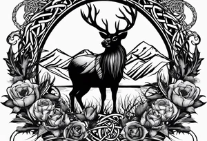 three thistles + Celtic knots + a stag + three ravens + the phrase "always remember there is nothing worth sharing like the love that let us share our names" tattoo idea