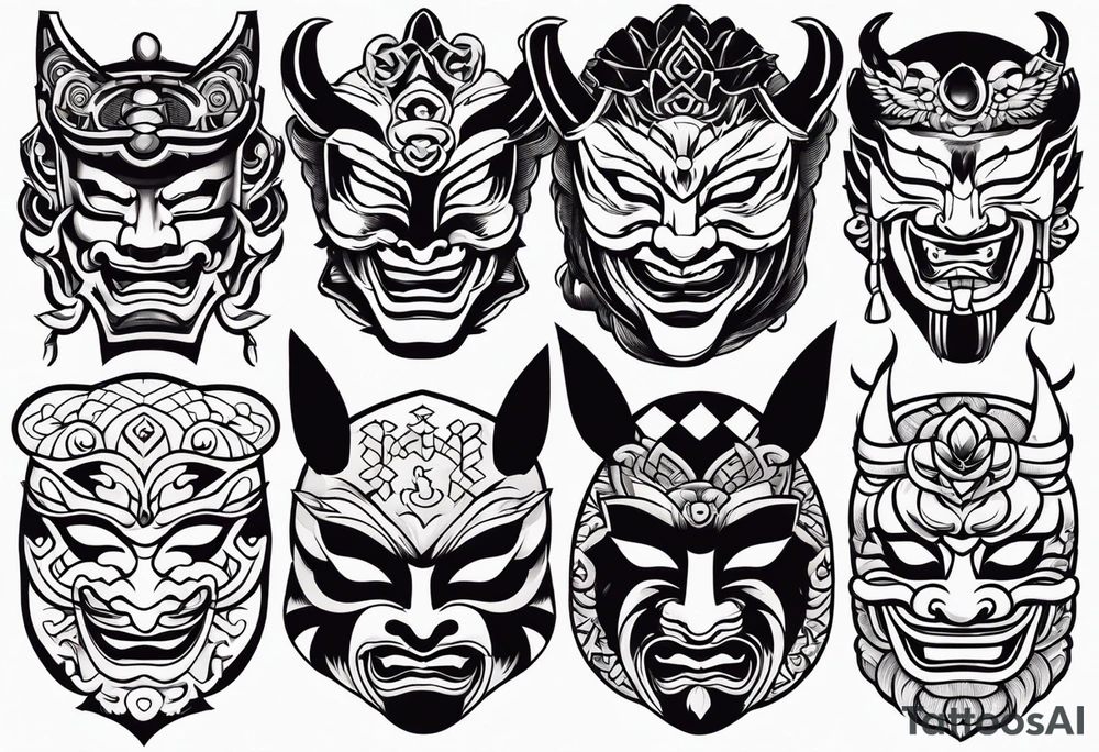 Variety of Japanese masks flash sheet tattoo idea