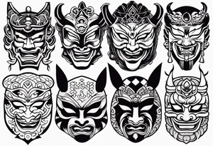 Variety of Japanese masks flash sheet tattoo idea