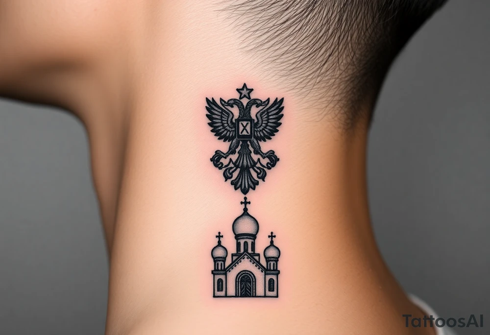 Stacked Vertical Column 

Russian star — small, bold
Middle: Miniature double-headed eagle — simplified, cleaner lines to suit the smaller space
Bottom: Orthodox church dome(s) with a small Virgin Mary silhouette beneath tattoo idea