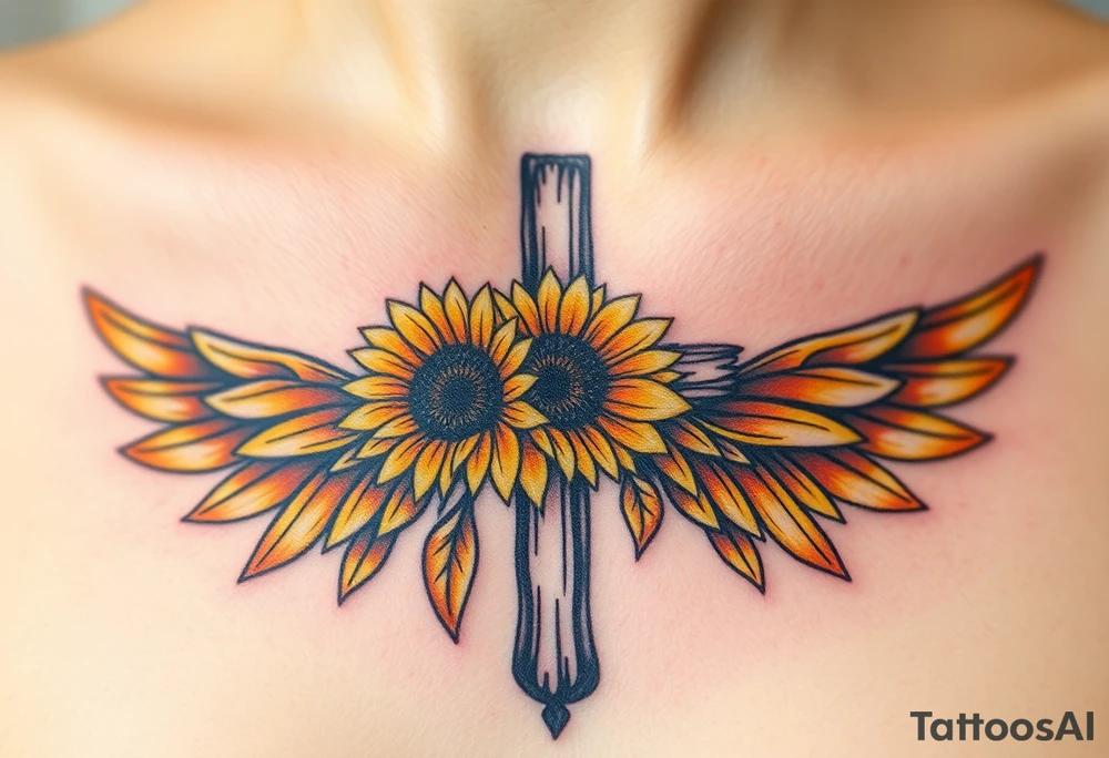 A rustic cross with sunflowers intertwined, with warm yellow and golden-brown angel wings. tattoo idea