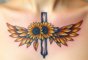 A rustic cross with sunflowers intertwined, with warm yellow and golden-brown angel wings. tattoo idea