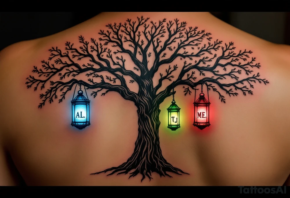 Tree with lanterns hanging from branches, each lantern glowing with initials and birthstones as colors: A.L. – Sapphire Blue, T.J. – Emerald Green, M.E. – Ruby Red. Rich, earthy tones with gemstone accent highlights. tattoo idea