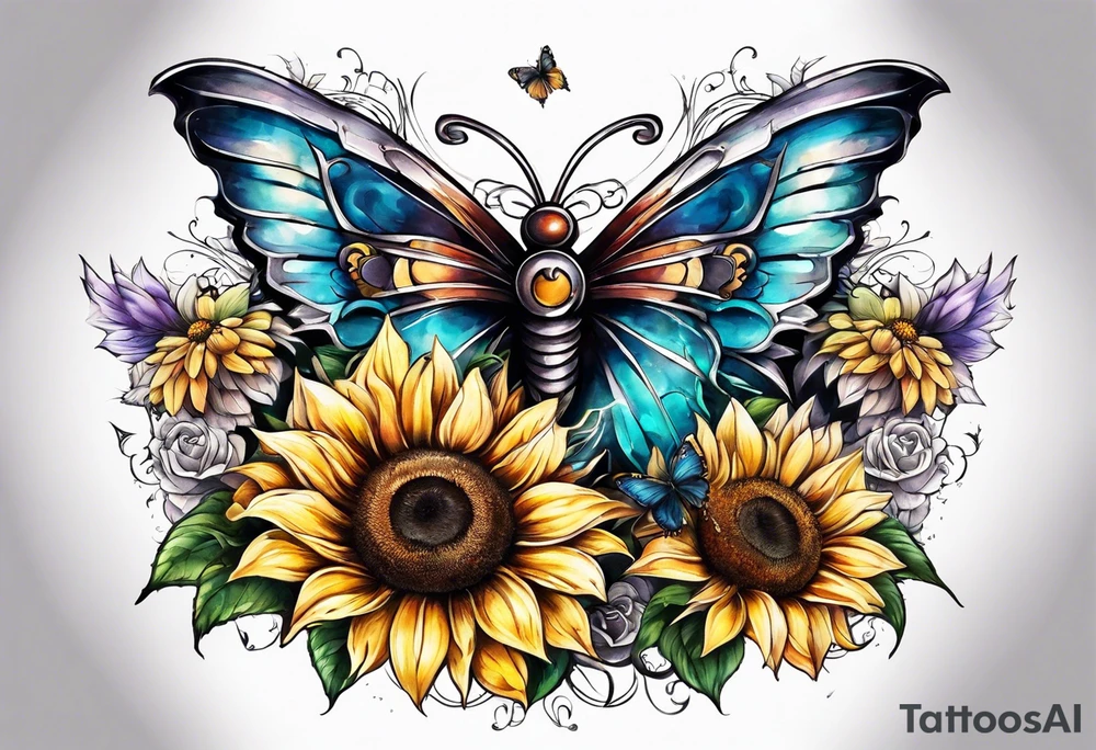 Winged cross with sunflower and butterflies tattoo idea