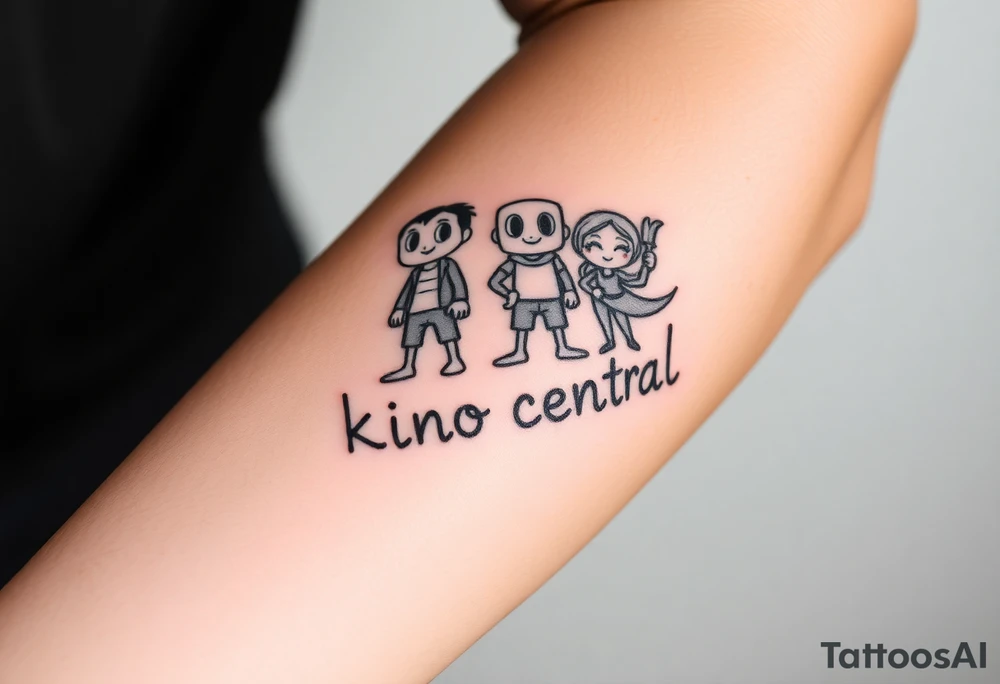 Forearm tattoo of cartoon characters standing on top of the words kino central tattoo idea