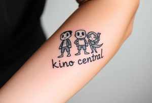 Forearm tattoo of cartoon characters standing on top of the words kino central tattoo idea