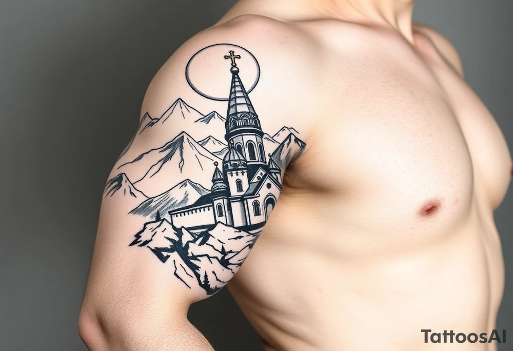 russian orthodox christian left arm tattoo with st basils cathederal in a mountainous setting with sun with a russian coat of arms tattoo idea