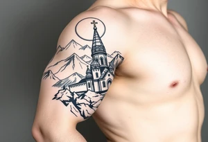 russian orthodox christian left arm tattoo with st basils cathederal in a mountainous setting with sun with a russian coat of arms tattoo idea