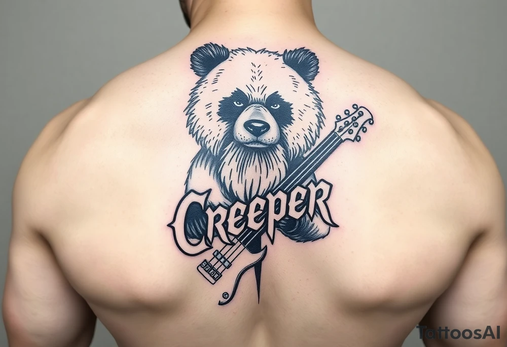 Wrestler, bass playing, tattooed, bearded panda bear with the word creeper in metal band font tattoo idea