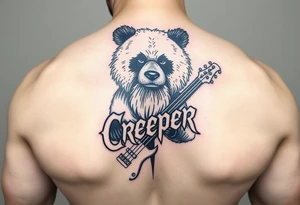 Wrestler, bass playing, tattooed, bearded panda bear with the word creeper in metal band font tattoo idea